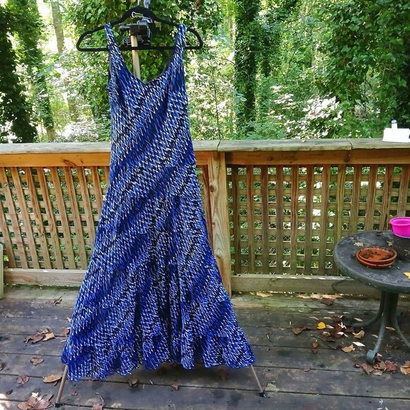 Kasper Blue & White Geometric Print Chiffon Tiered Layered Maxi Dress Sz 4 - Picture 1 of 9